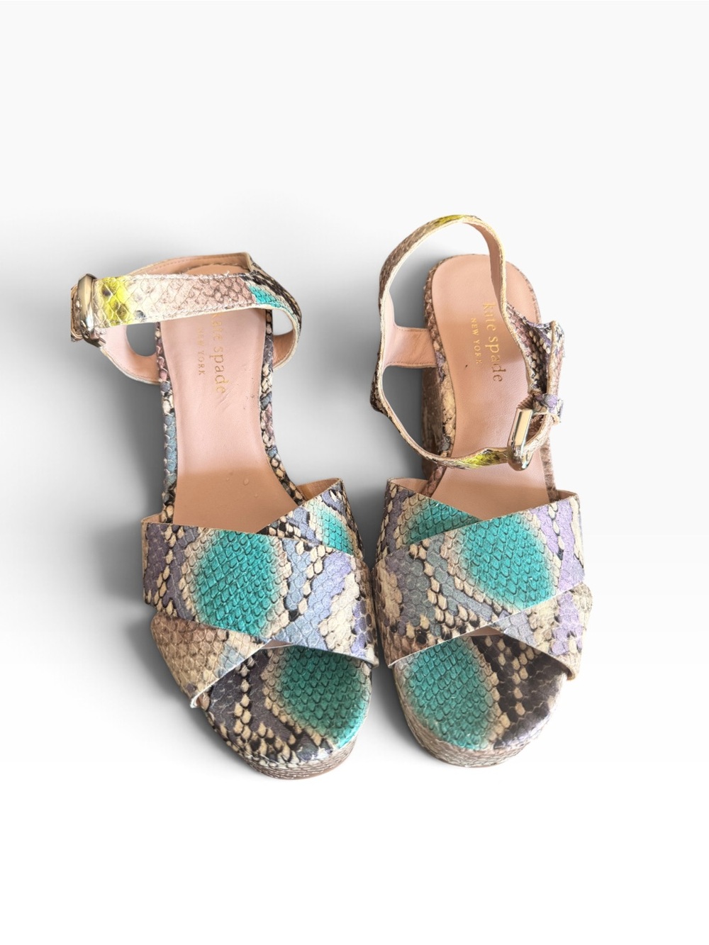 kate spade Multicolor Snakeskin Wedge Sandals - Teal, Purple & Tan